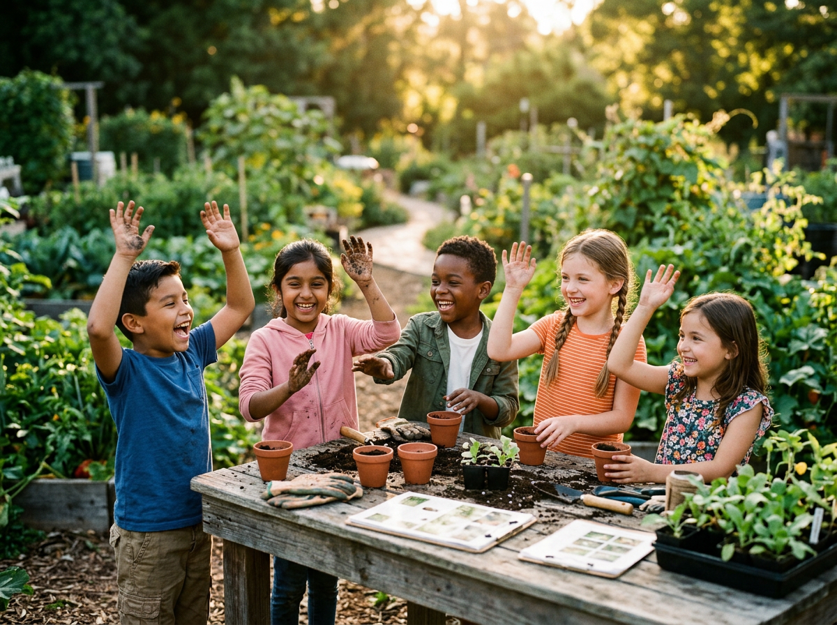 Children learning and laughing together around a community garden table